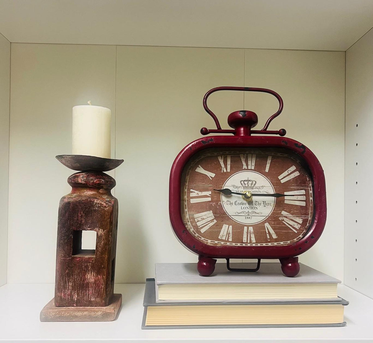 Red wooden candle holder and clock set- Red clock, wooden red candle holder, color coordinated books