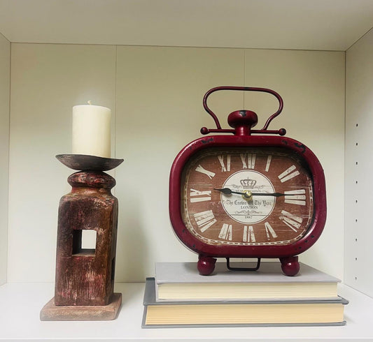 Red wooden candle holder and clock set- Red clock, wooden red candle holder, color coordinated books