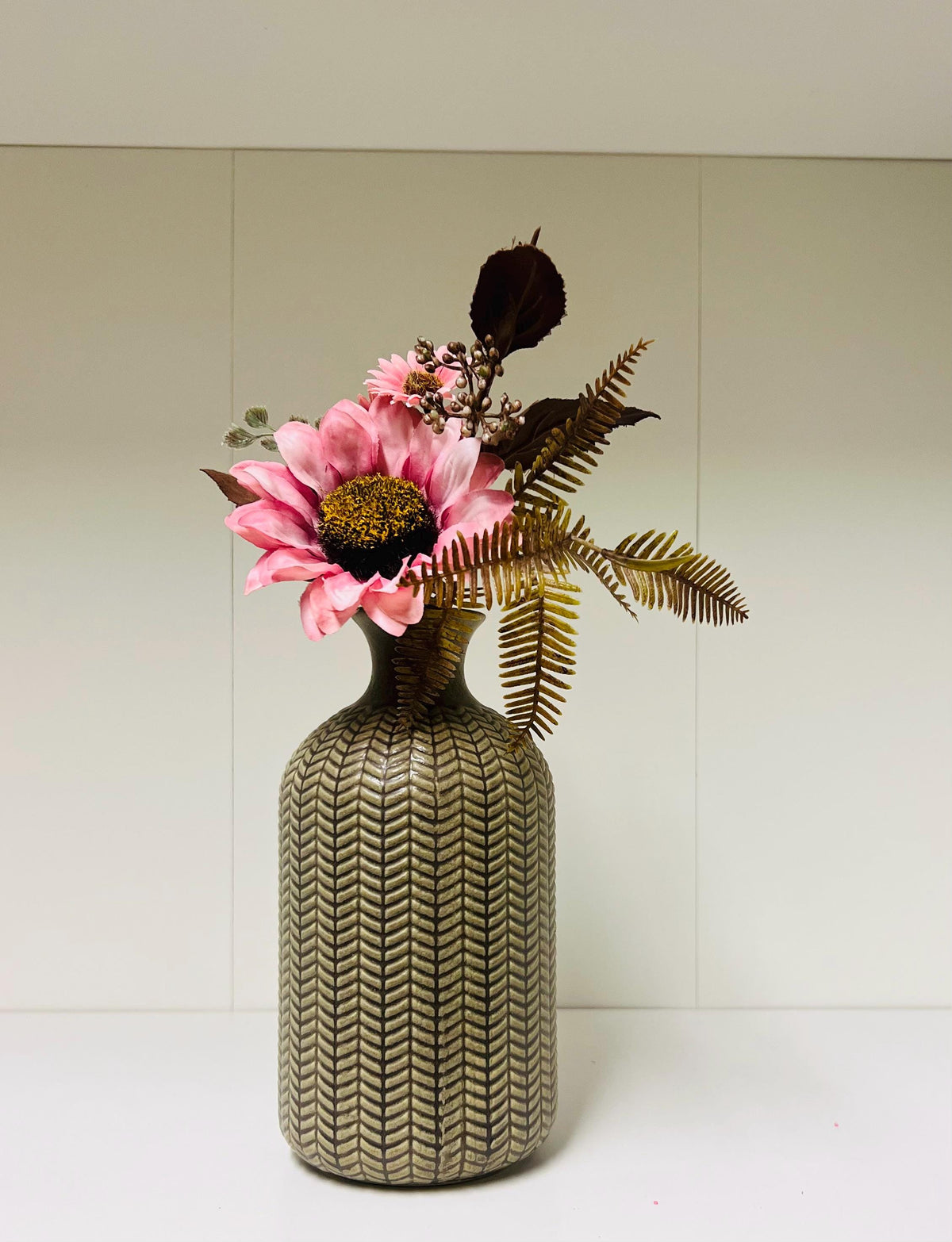 Dressmaker shelf set-Ceramic Dressmaker, ceramic textured pot with flowers.
