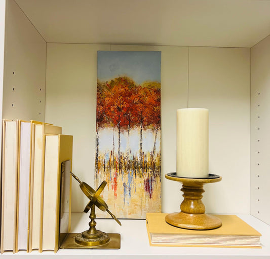 Autumn Leaves set-. Brass bookend, celestial sphere, candle, midcentury modern, fall art