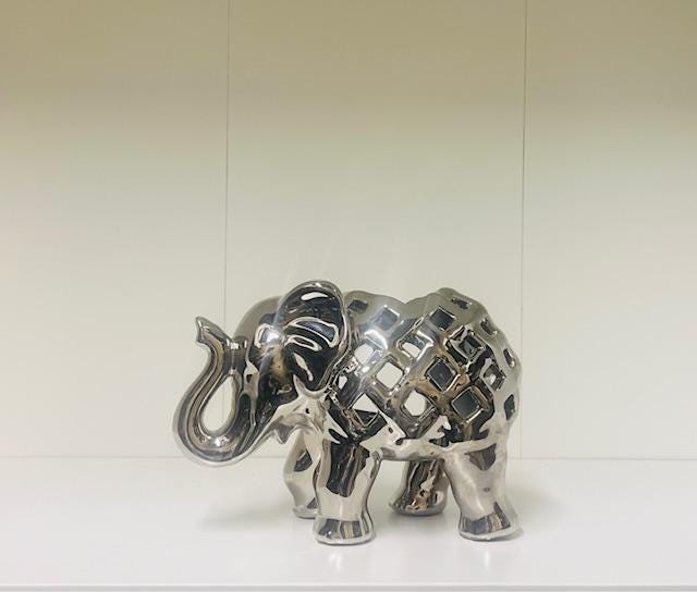 Elephant Set-Silver metal elephant comes with black metal candle holder and candle
