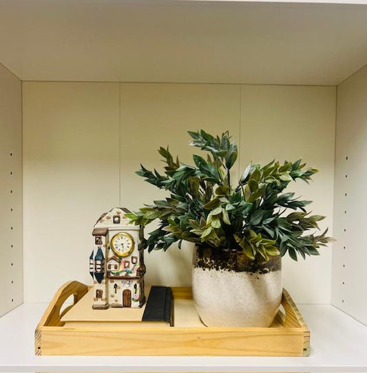 Flower shop shelf or coffee table set- Wood Tray, ceramic Flower shop clock, coordinating books, ceramic pot with greenery.