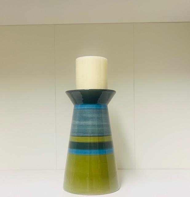 MCM Blue and Green Set- Blue and green ceramic candle holder, Blue ceramic pot with Greenery, color coordinated book.