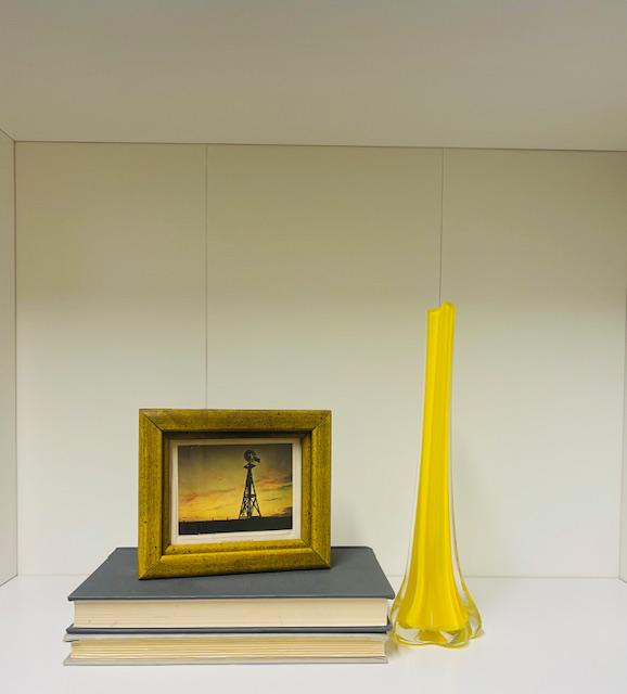 Windmill Set- Yellow Glass vase, framed windmill art and color coordinated books.