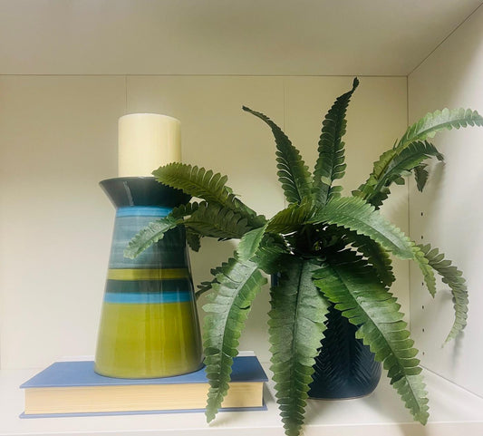 MCM Blue and Green Set- Blue and green ceramic candle holder, Blue ceramic pot with Greenery, color coordinated book.