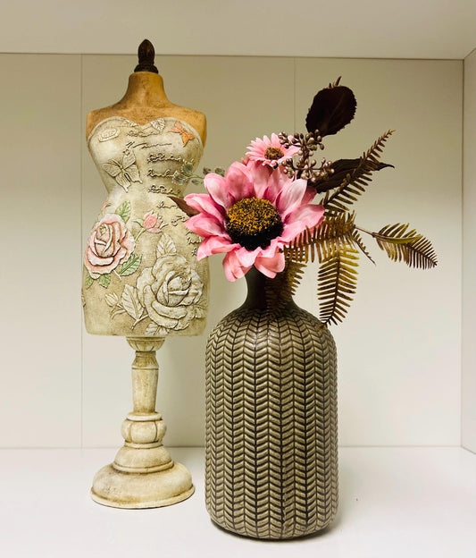 Dressmaker shelf set-Ceramic Dressmaker, ceramic textured pot with flowers.