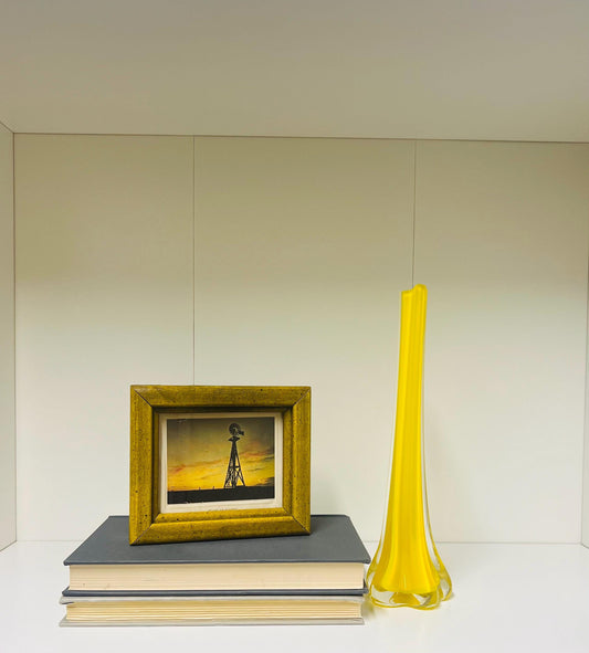 Windmill Set- Yellow Glass vase, framed windmill art and color coordinated books.