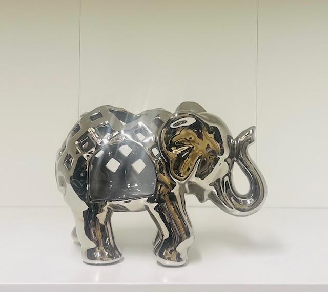 Elephant Set-Silver metal elephant comes with black metal candle holder and candle
