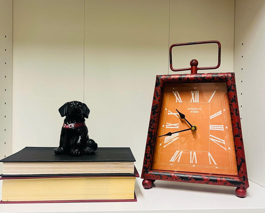 Red Clock and dog curated shelf set-Black ceramic dog, Red Metal vintage clock, color coordinated books