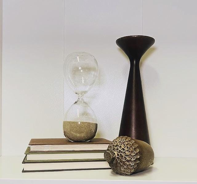 Sands of Time set-Hourglass, MCM wood candle holder, wooden acorn, color coordinated books