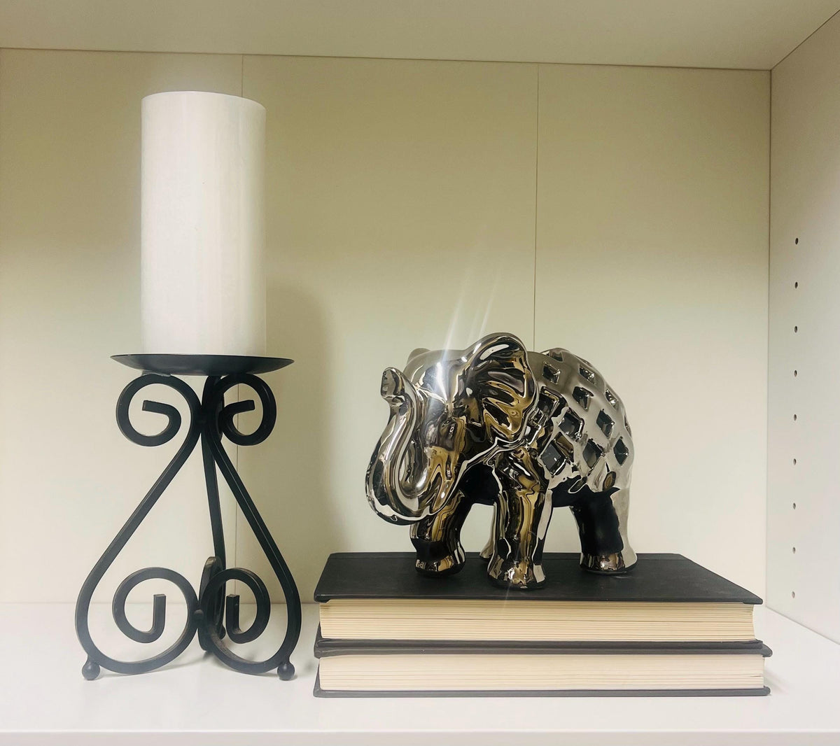 Elephant Set-Silver metal elephant comes with black metal candle holder and candle